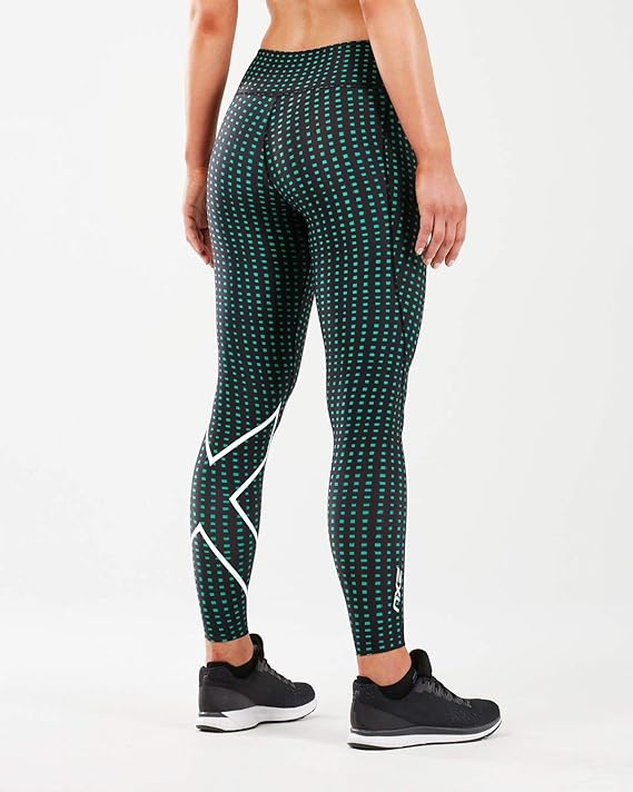 2XU Print Mid-Rise Comp Tights, Damen, Laufhose, Green Cuboid /White