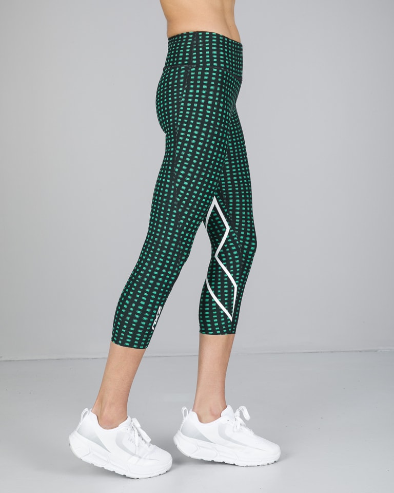 2XU Print Mid-Rise Comp 7/8 Tights, Damen, Laufhose, Green Cuboid /White