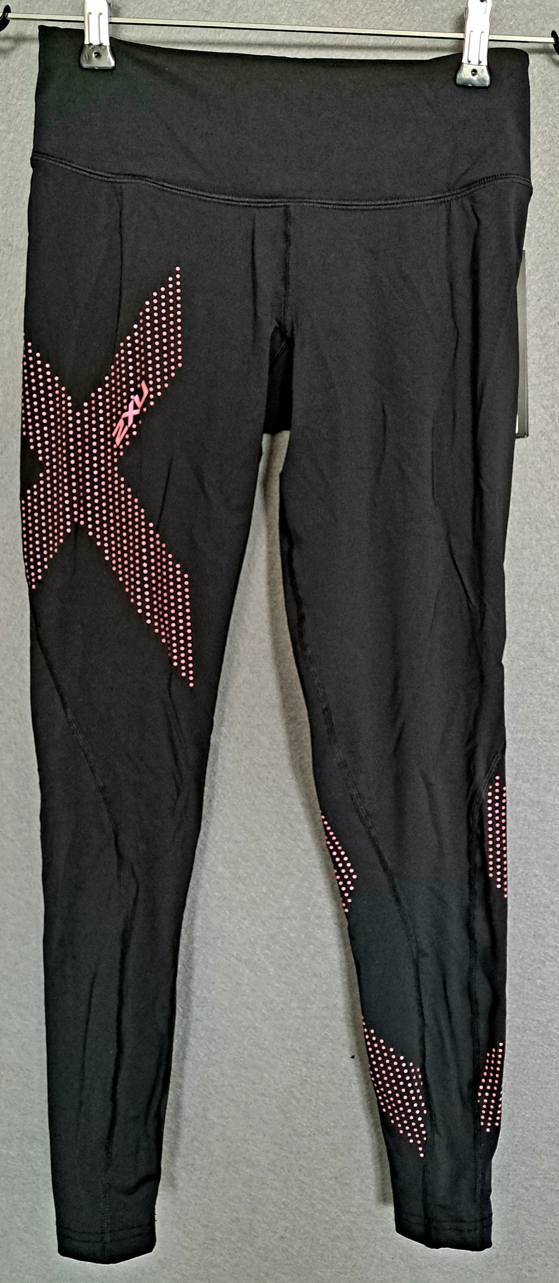 2XU Damen Mid-Rise Compression Tights, Black/Dotted Pink Logo