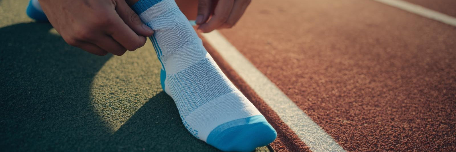 Großaufnahme eines Läufers, der sich zieht am Rand einer Laufbahn weiß-blaue Laufsocken anzieht