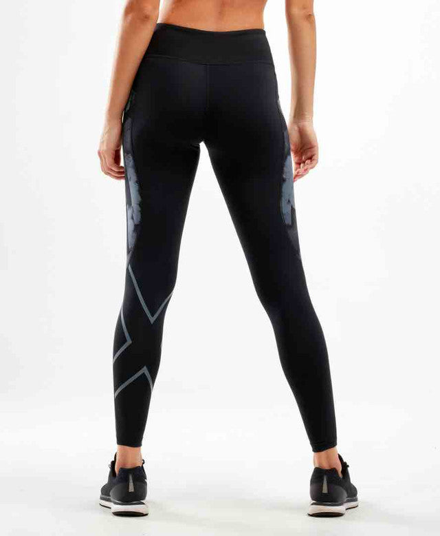 2XU Print Mid-Rise Pocket Compression Tights, Damen, Laufhose, Geo Stripe/Turbulence