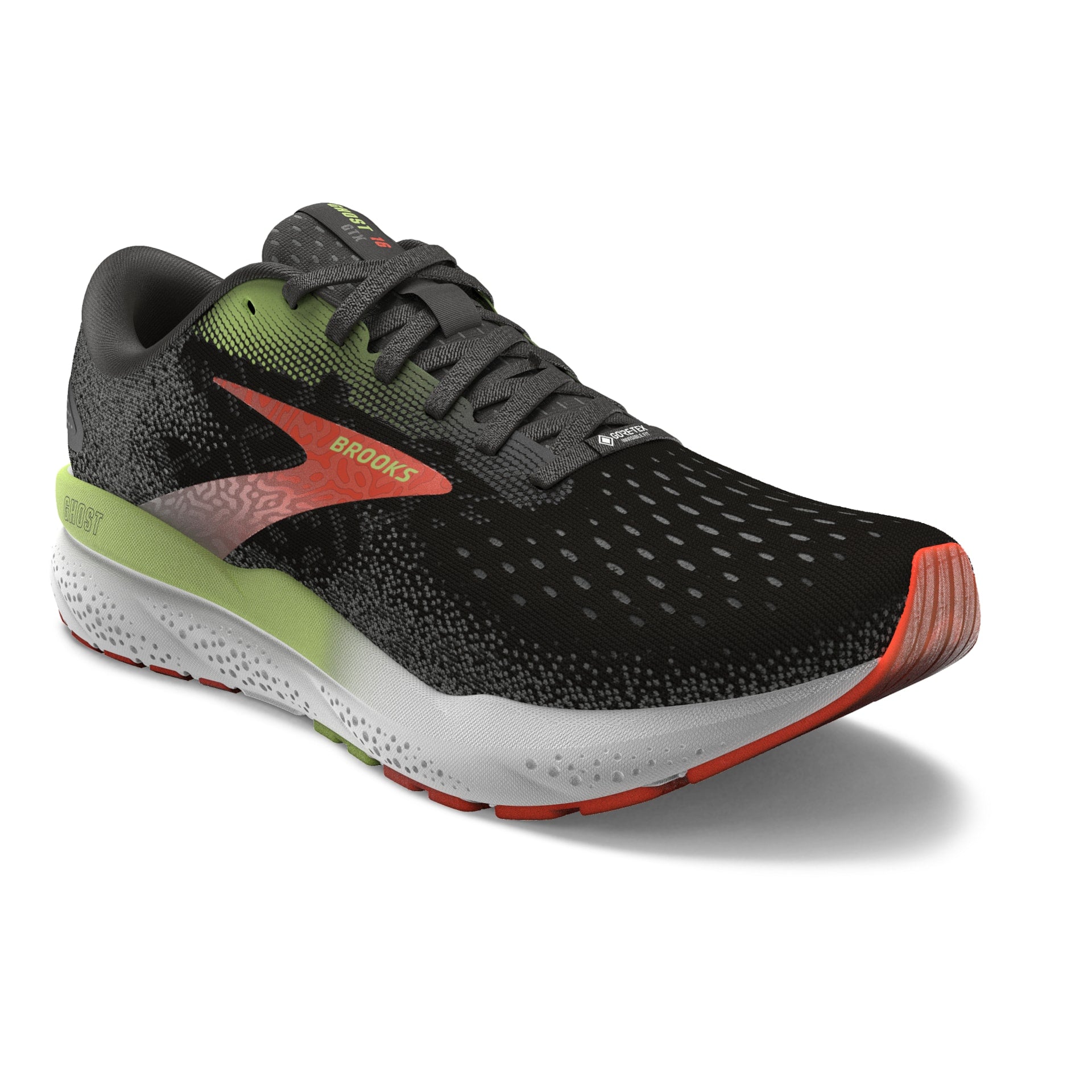 Brooks Ghost 16 GTX, Herren, Black/Mandarin Red/Green