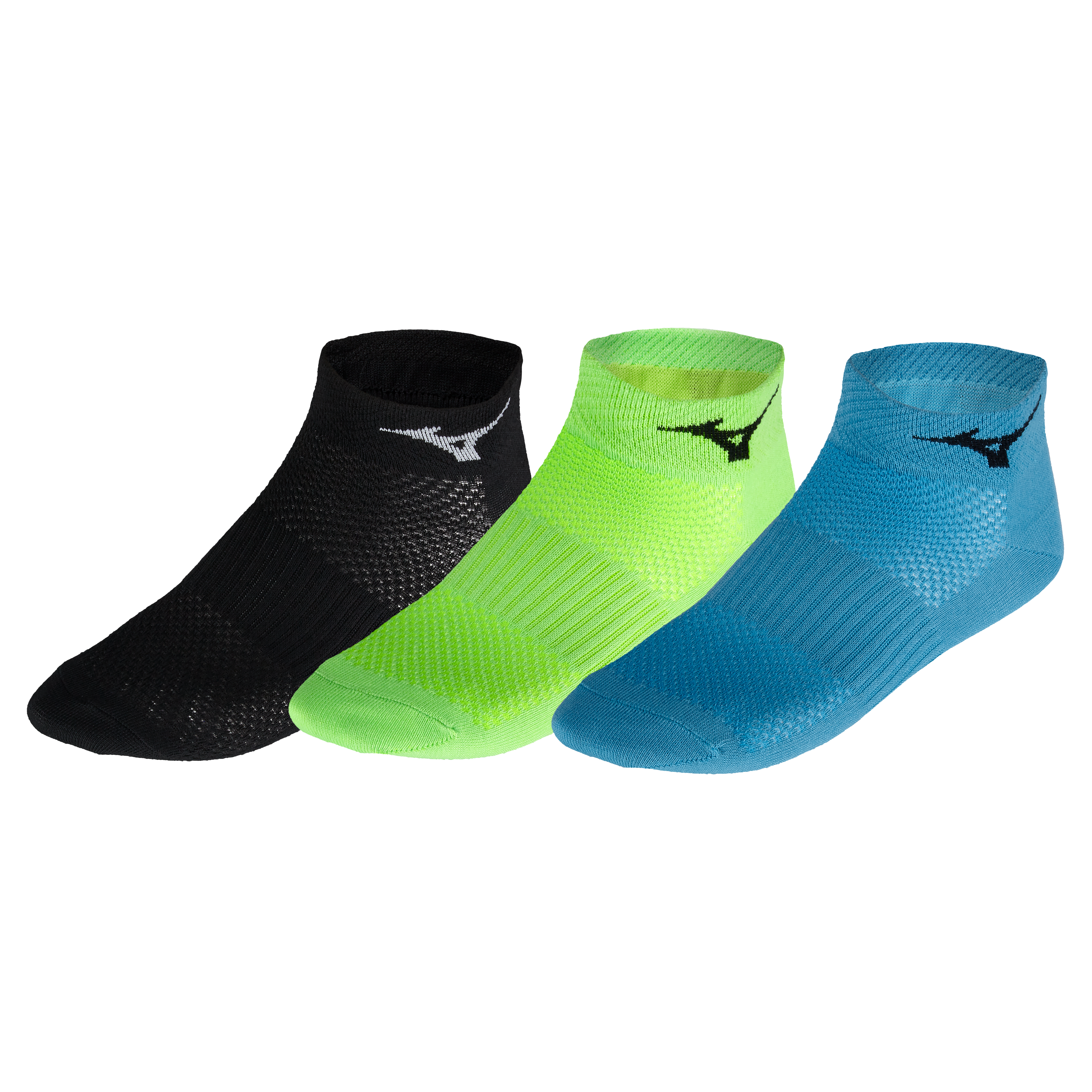 Mizuno Training Mid 3P, Socken, 3 Paar, black/light green/maui blue, schwarz, grün, blau